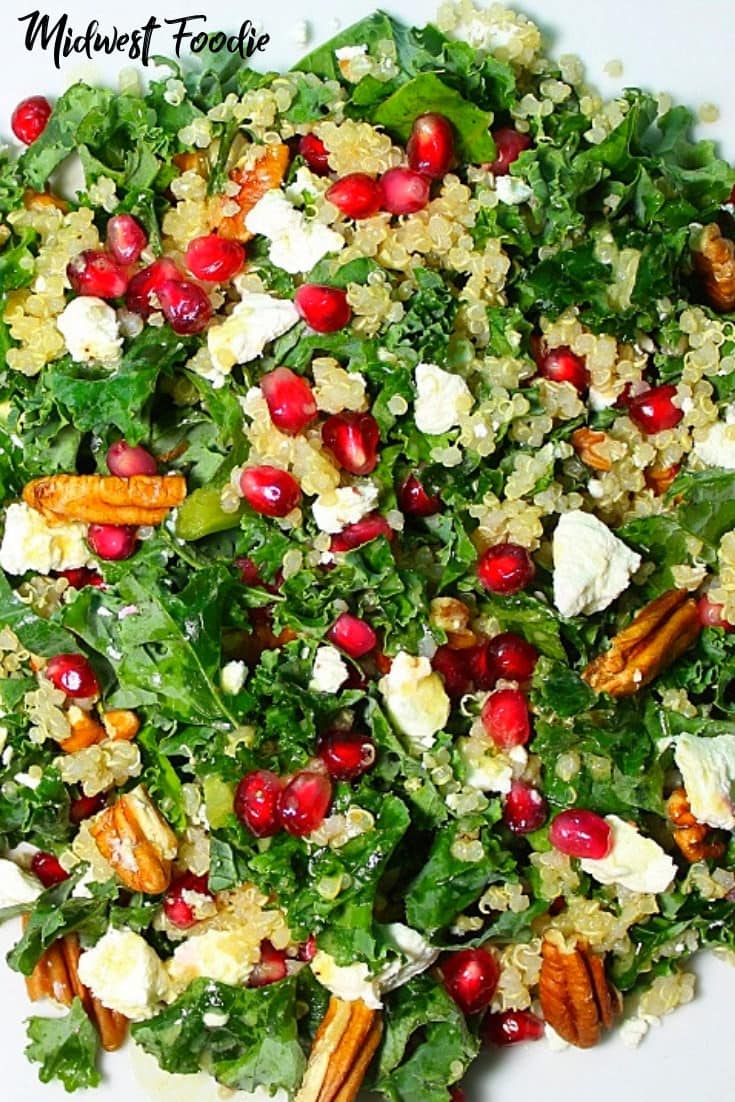 Kale Salad with Goat Cheese, Pecan and Pomegranate | midwest foodie | This kale salad is loaded with goat cheese, toasted pecans and fresh pomegranate seeds. The perfect meal prep for your busy work week!