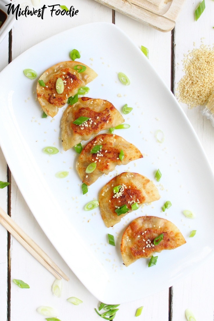 Pan Fried Pork Dumplings -- These pork dumplings are filled with fresh veggies and ground pork, then pan fried and steamed to give you the perfectly crisp, yet tender texture. #midwestfoodie #easy #appetizer #familydinner #simple #recipe #partyfood #gamedayeats