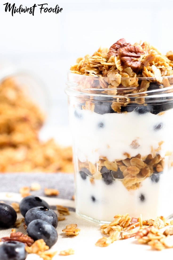 Vegan Maple Pecan Granola | Midwest Foodie | Naturally sweetened with maple syrup, this vegan granola is the perfect healthy breakfast for those busy, on-the-go mornings. It will fill you up and fuel you through to lunchtime! #midwestfoodie #healthy #breakfast #brunch #simple #quick #recipe