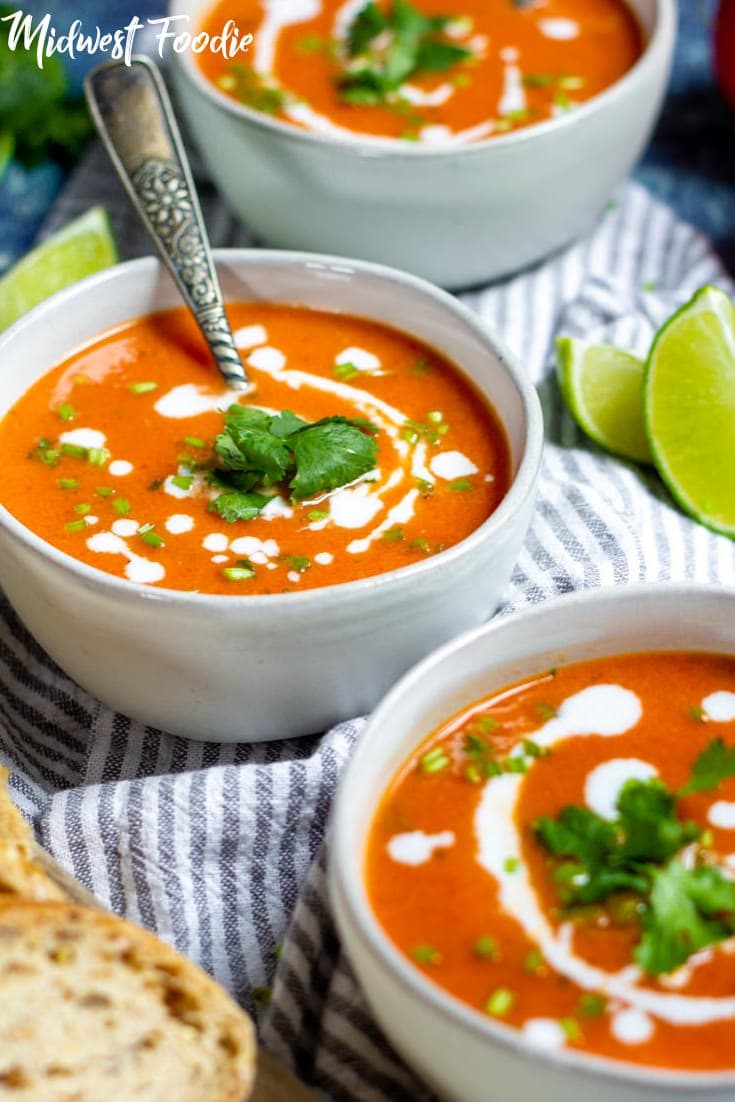 Vegan Spicy Roasted Red Pepper & Tomato Soup -- The roasted veggie soup season has arrived in Wisconsin and I'm kicking if off with this spicy family favorite! Weeknight meals are my forte and this is just another healthy option to add to your weekly meal prep rotation! #midwestfoodie #coconutmilk #vegetarian #healthy #easy #simple #recipe #weeknight #meal #mealprep