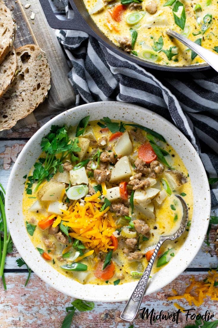 Sausage & Potato Beer Cheese Soup | Midwest Foodie | This hearty soup combines the well known flavors of sausage and potato soup with the very classic Wisconsin beer cheese soup.