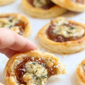 Pinterest pin of caramelized onion and blue cheese puff pastry