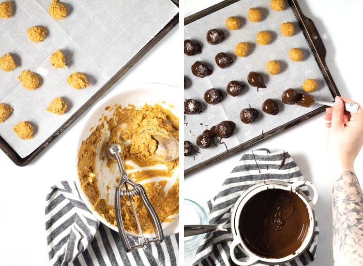 Collage of two photos showing peanut butter balls being scooped and then dipped in chocolate and placed on a baking sheet