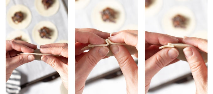 Collage of photos showing how to make vegan dumplings
