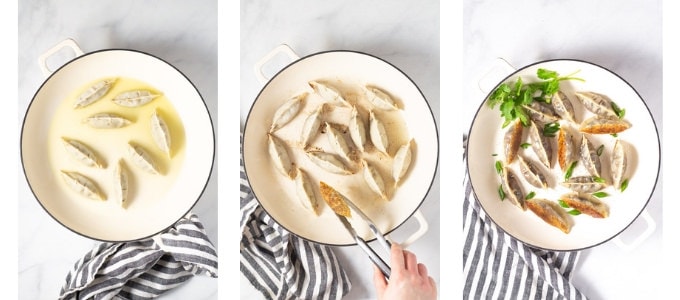 Collage of photos showing how to make vegan dumplings