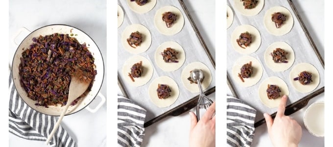 Collage of photos showing how to make vegan dumplings