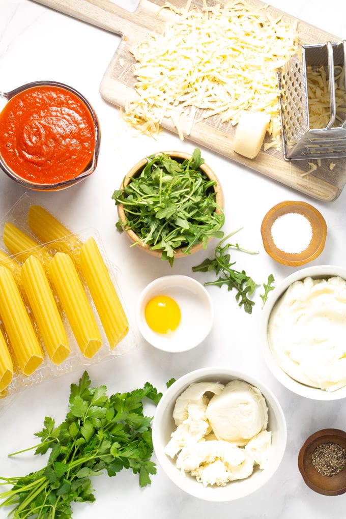 Overhead shot of ingredients needed for baked manicotti