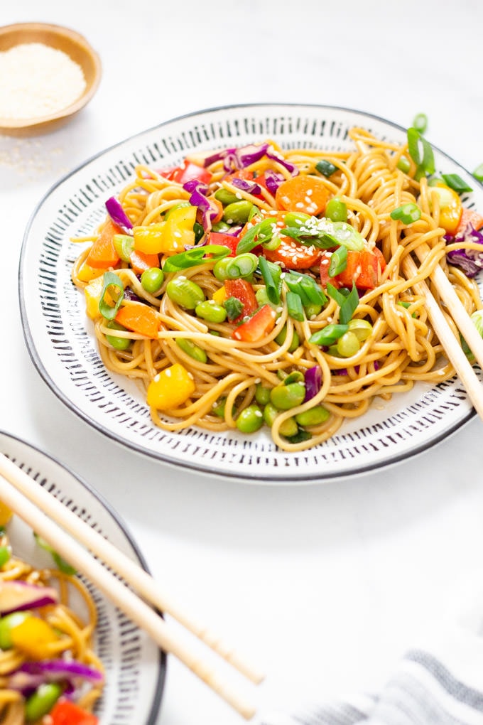 Plate filled with sesame ginger pasta salad