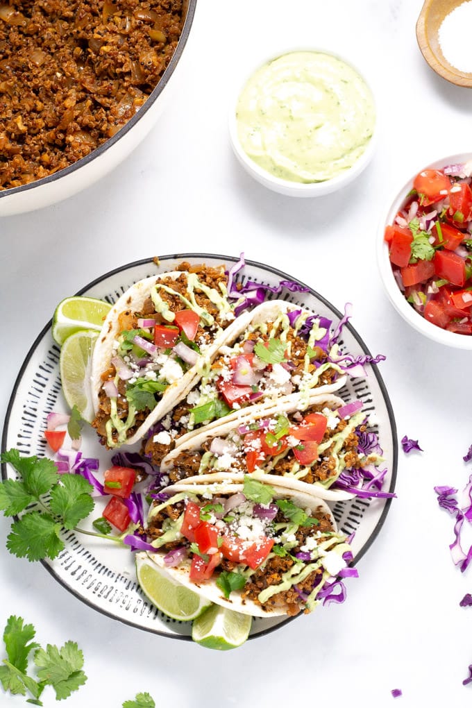 Overhead shot of a plate filled with vegan tacos