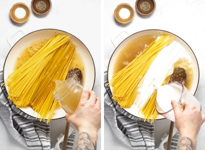 Collage of photos showing how to make one pot alfredo