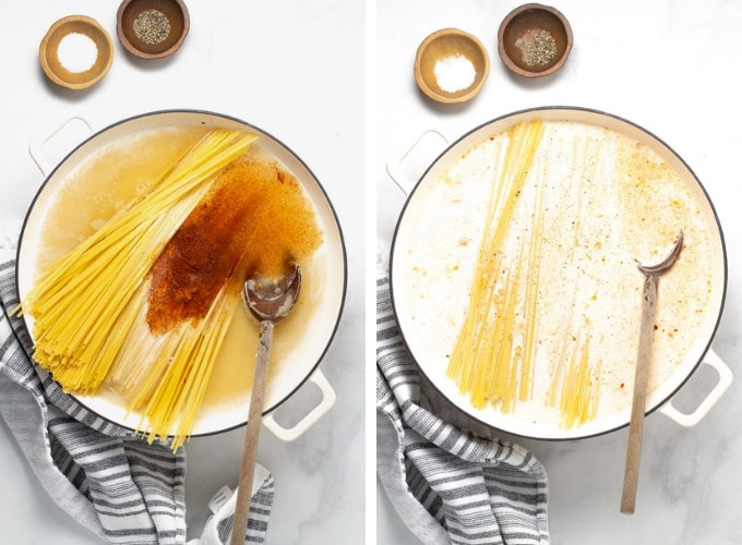 Collage of photos showing how to make one pot alfredo