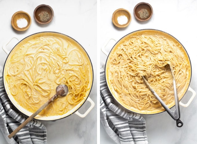 Collage of photos showing how to make one pot alfredo