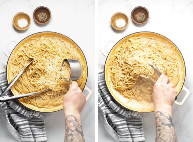 Collage of photos showing how to make one pot alfredo