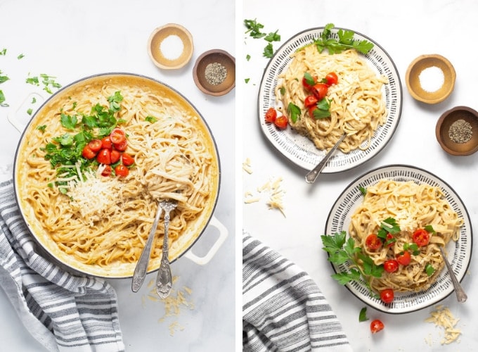 Collage of photos showing the finished dish - one pot alfredo