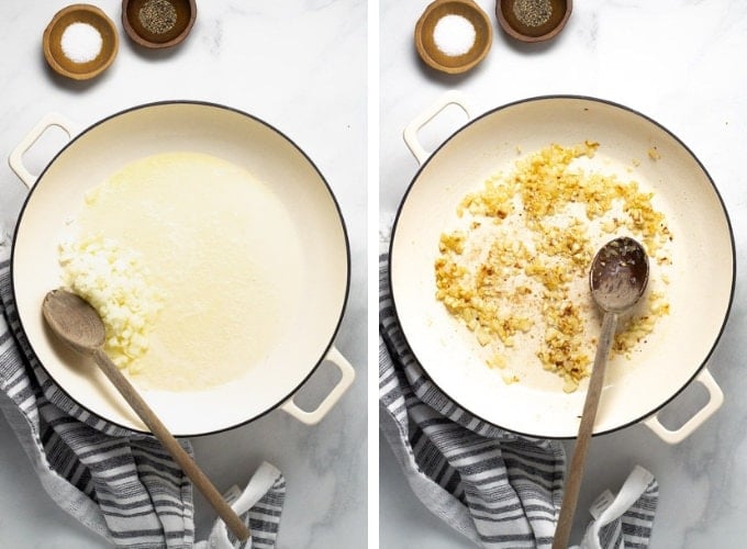 Collage of photos showing how to make one pot alfredo