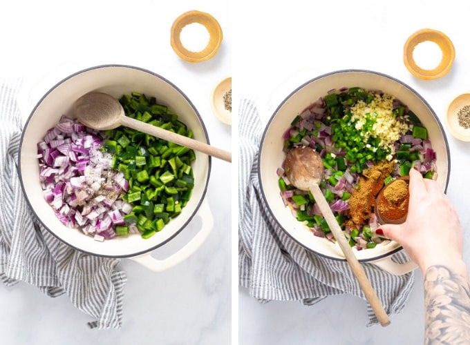 Collage of photos showing how to make black bean chili