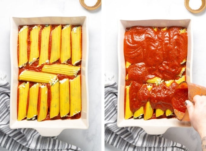 Collage of photos showing how to make manicotti