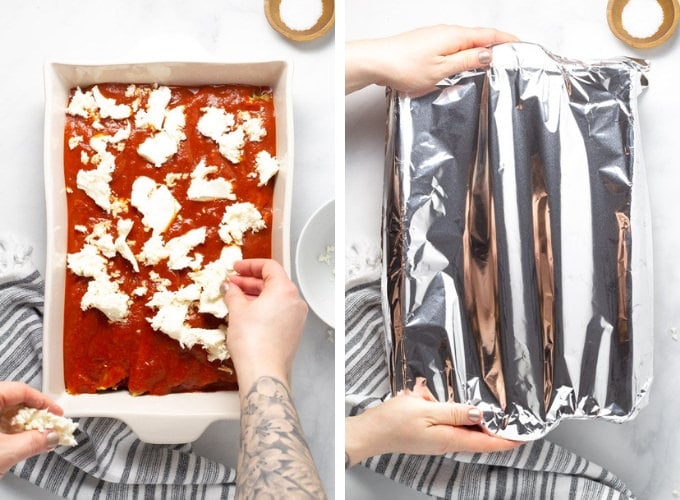 Collage of photos showing how to make manicotti