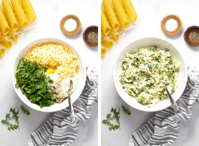 Collage of photos showing how to make manicotti