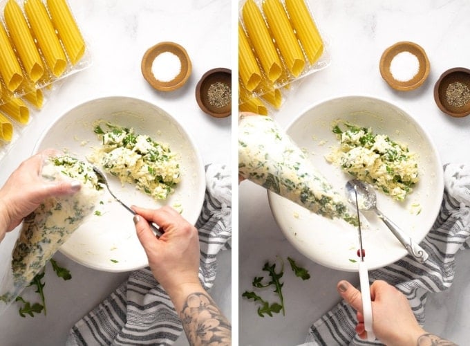 Collage of photos showing how to make manicotti