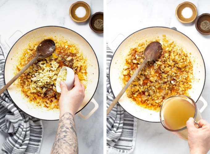 Collage of photos showing how to make one pot sausage rigatoni