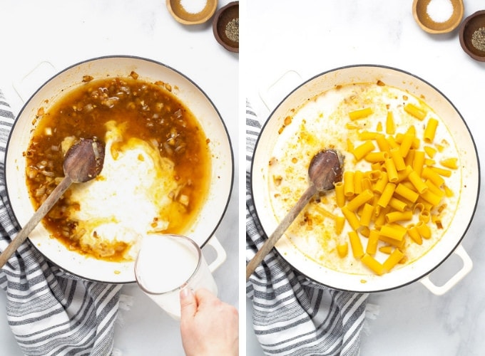Collage of photos showing how to make one pot sausage rigatoni