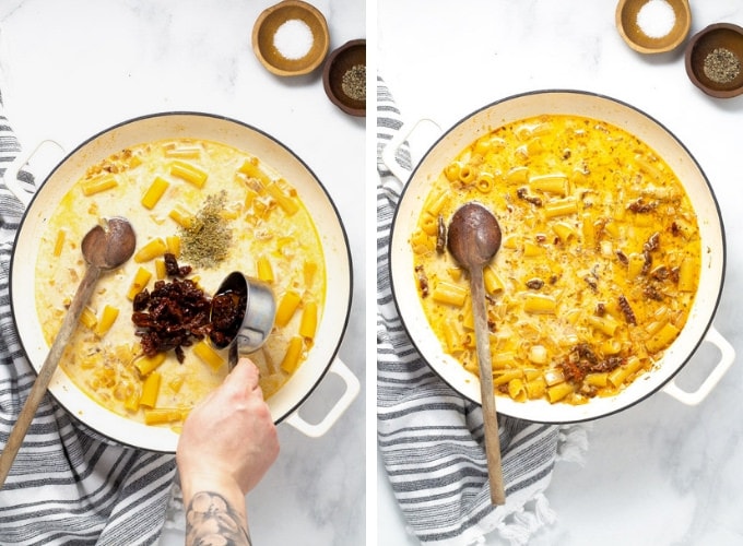 Collage of photos showing how to make one pot sausage rigatoni