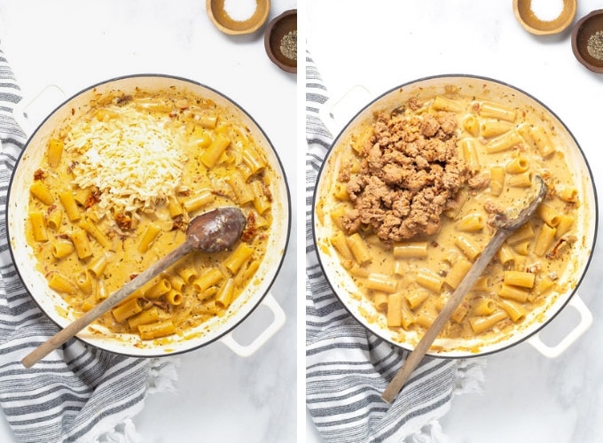 Collage of photos showing how to make one pot sausage rigatoni