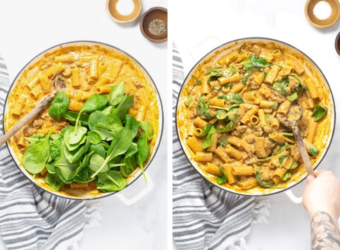 Collage of photos showing how to make one pot sausage rigatoni