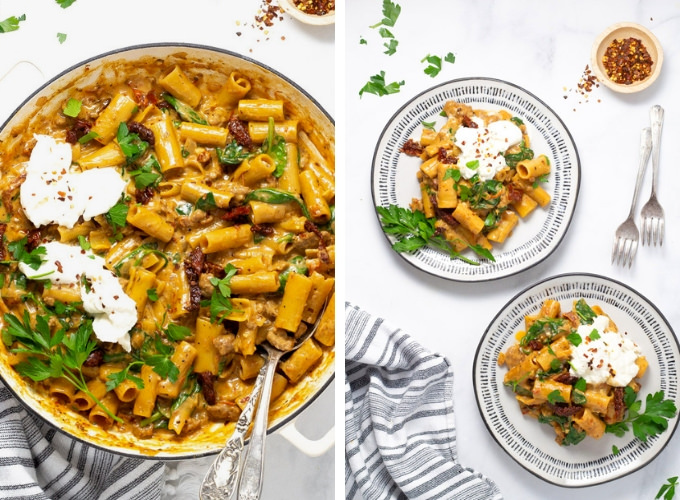 Collage of photos showing the finished dish of sausage rigatoni