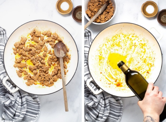 Collage of photos showing how to make one pot sausage rigatoni