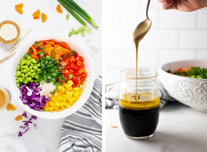 Collage of photos showing how to make sesame ginger pasta salad