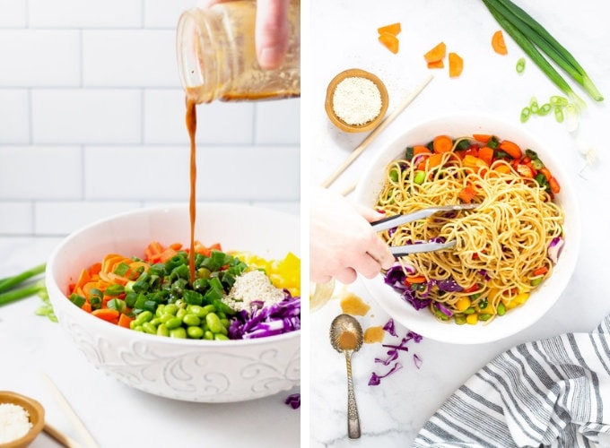 Collage of photos showing how to make sesame ginger pasta