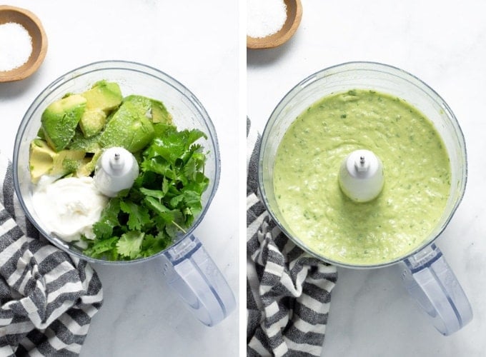 Collage of photos showing how to make avocado cilantro lime sauce for vegan tacos