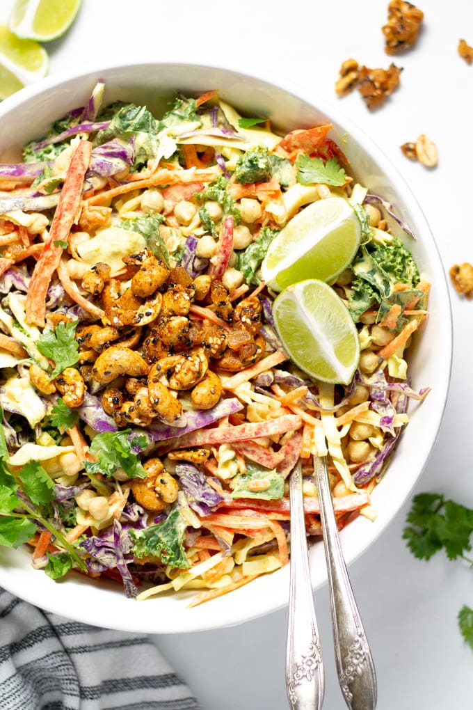 A large white bowl filled with curry slaw