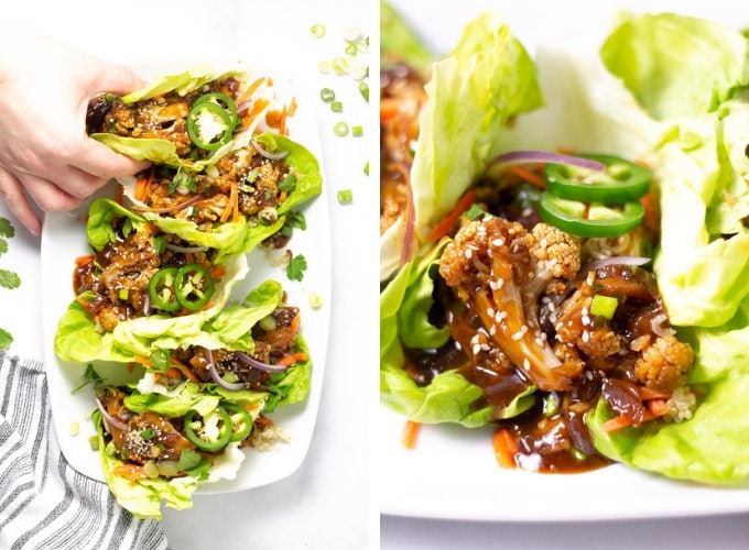 Collage of photo showing the Korean Cauliflower on a white serving platter