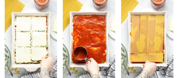 Collage of photos showing how to make homemade lasagna