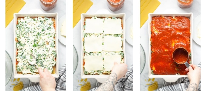 Collage of photos showing how to make homemade lasagna