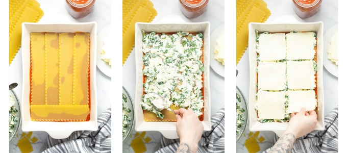 Collage of photos showing how to make homemade lasagna