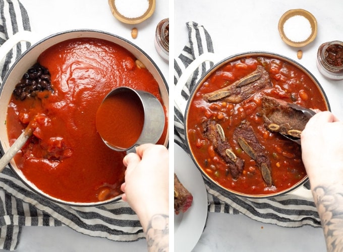 Collage of photos showing how to make short rib chili