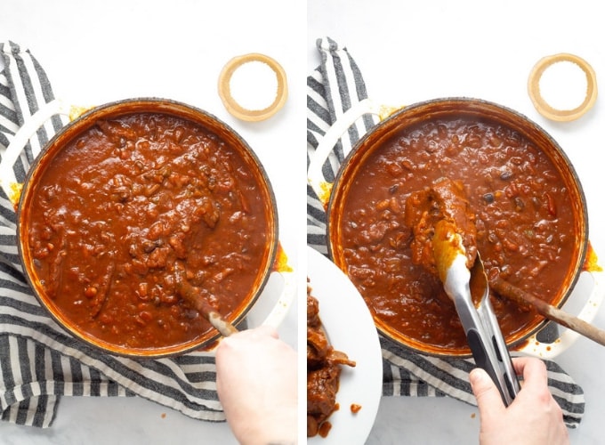 Collage of photos showing how to make short rib chili