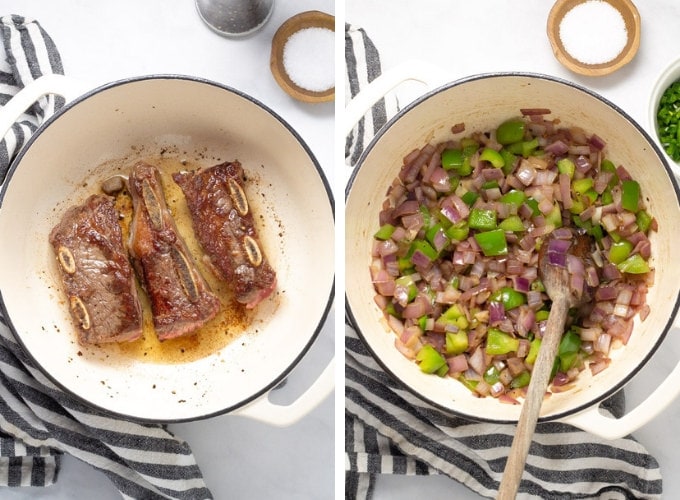Collage of photos showing how to make short rib chili