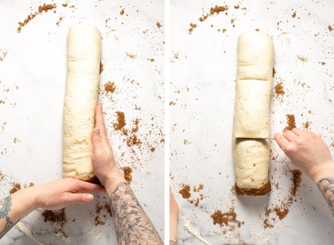 Collage of photos showing how to make pizza dough cinnamon rolls 