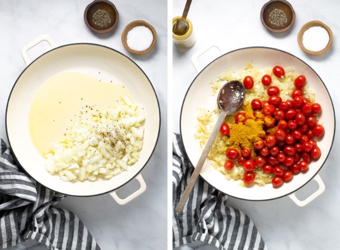 Collage of photos showing how to make coconut curried cod