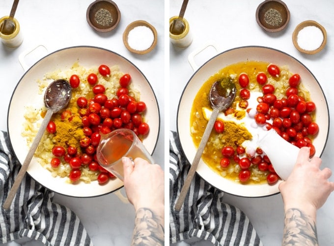 Collage of photos showing how to make coconut curried cod