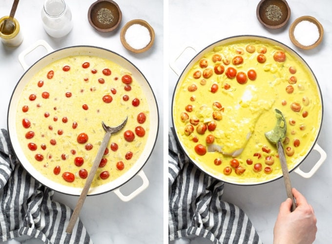 Collage of photos showing how to make coconut curried cod