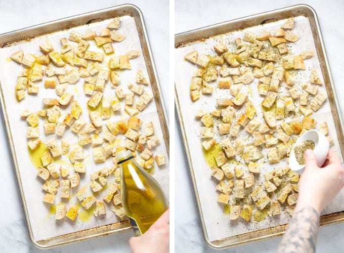 Collage of photos showing how to make homemade croutons