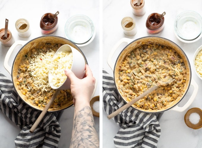 A collage of photos showing how to make veggie enchiladas