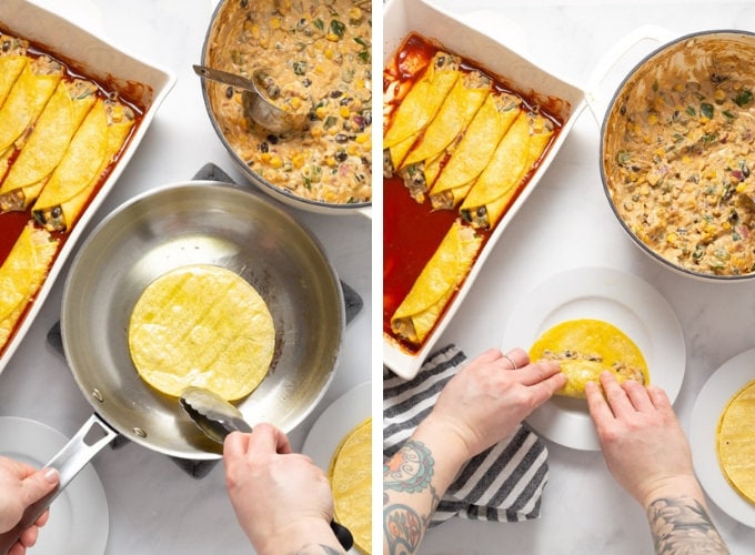 A collage of photos showing how to make veggie enchiladas