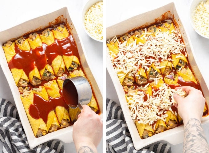A collage of photos showing how to make veggie enchiladas